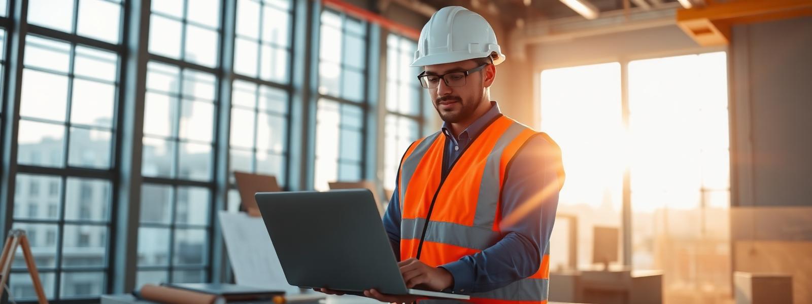 Engineer in hi-vis using a laptop on a sunlit construction site