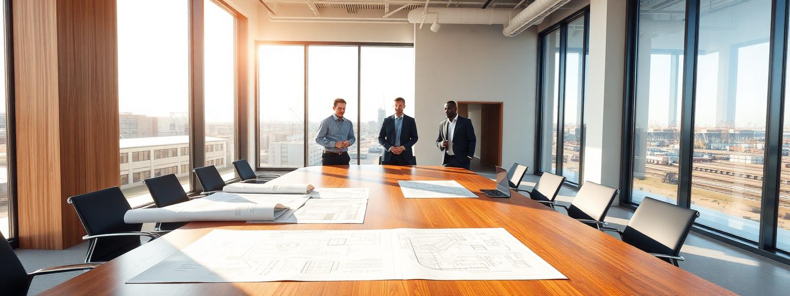 Modern Australian project boardroom with daylight, engineering drawings and tender documents